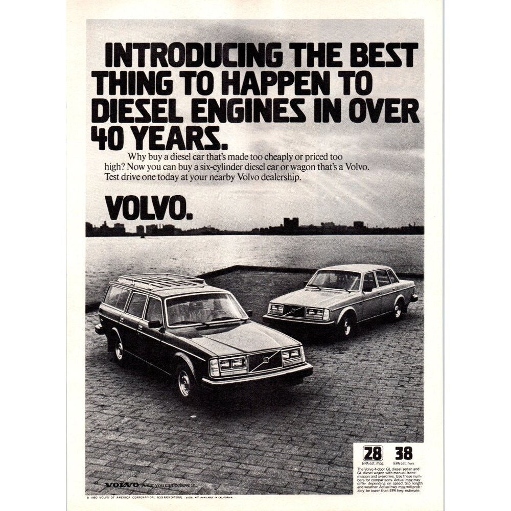 1981 Volvo GL Diesel Sedan and Station Wagon Vintage Print Ad Harbor Wall Art